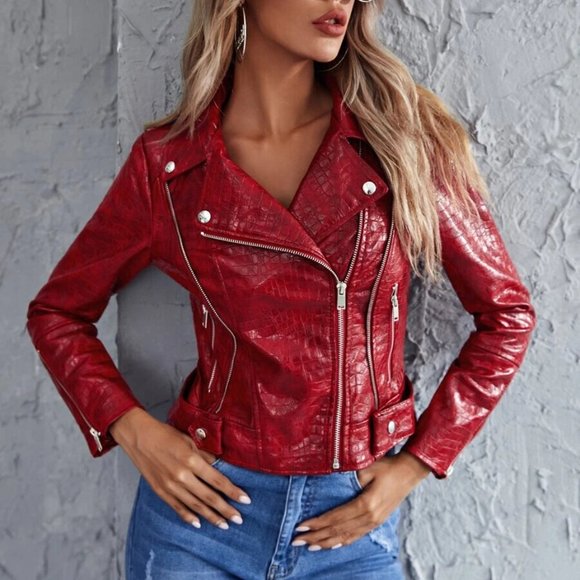 Monarch Fashion Jackets & Blazers - Burgundy Wine Red PU Leather Crocodile Zip Up Moto Jacket